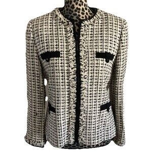 Tahari Blazer Jacket 8P White Black Gingham Zip Front Classy Arthur S Levine